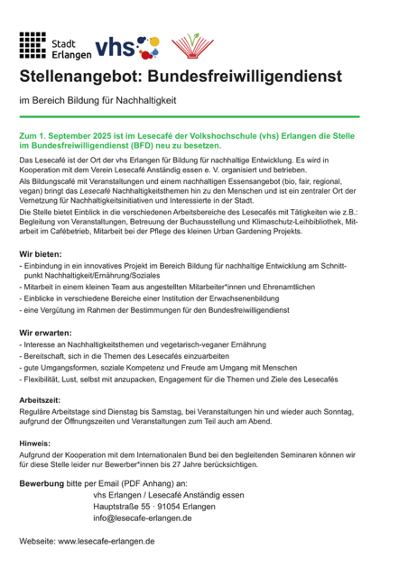 Stellenangebot Bundesfreiwilligendienst